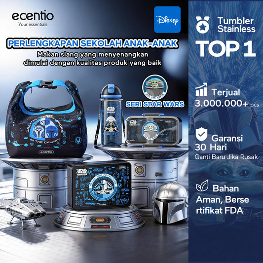 ecentio Star Wars Series Original Resmi Back to School Kotak Bekal Anak 950ml Anti Bocor BPA Free Set Lunch Box + Botol Minum Sendok Tas Bekal Sekolah Tempat Makan Sekat Snack