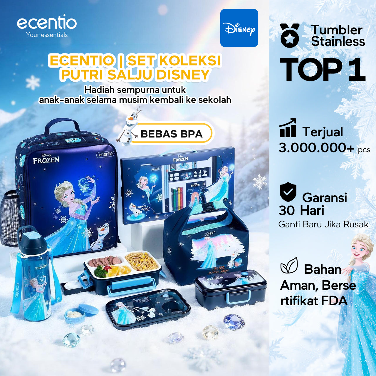 Pre-Order [Back To School] ecentio Disney Elsa botol minum anak & kotak makan anak 800ml anti tumpah lunch box gratis sendok tas bekal tas sekolah back to school kotak snack aman makanan BPA Free tahan panas tahan bocor