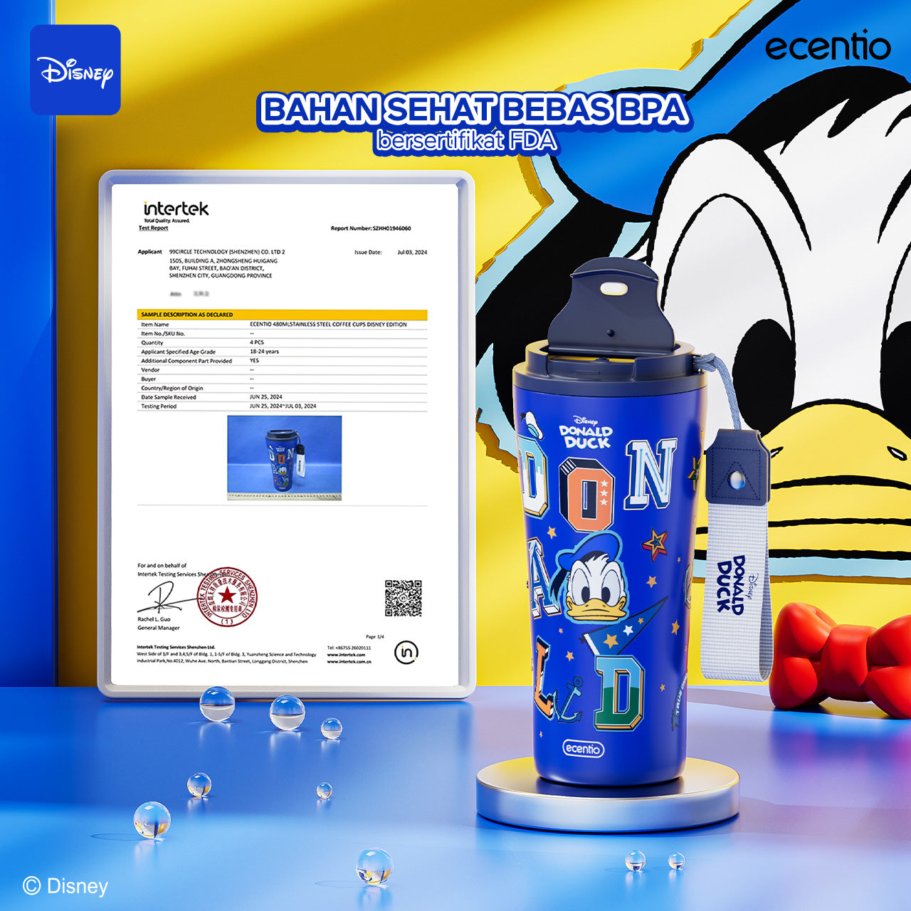 ecentio Tumbler Stainless 480ml Botol Minum Tahan Dingin Disney Donald Duck – Gelas Kopi Aesthetic