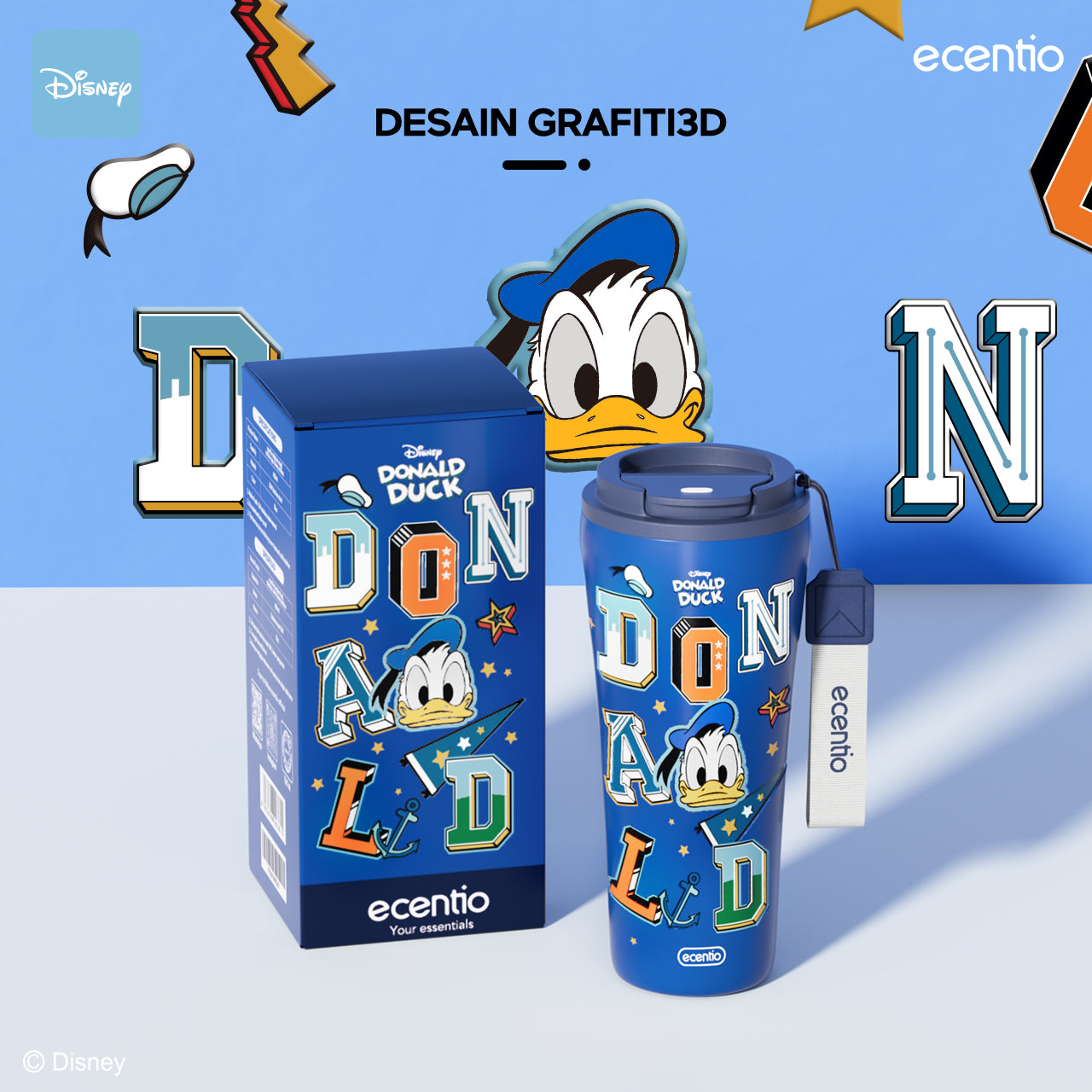 ecentio tumbler minum stainless 480ml aesthetic Disney Donald Duck gelas kopi botol tahan dingin