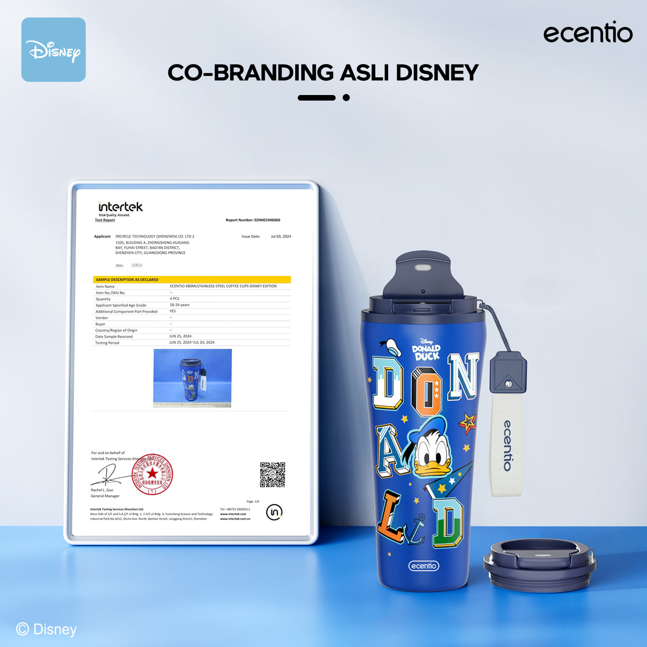 ecentio tumbler minum stainless 480ml aesthetic Disney Donald Duck gelas kopi botol tahan dingin