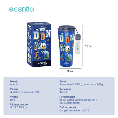 ecentio tumbler minum stainless 480ml aesthetic Disney Donald Duck gelas kopi botol tahan dingin