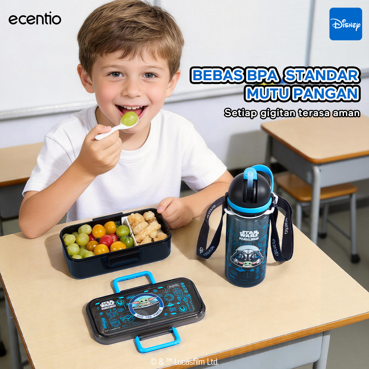 ecentio Star Wars Series Original Resmi Kotak Bekal Anak 950ml Anti Bocor BPA Free Set Lunch Box + Botol Minum Sendok Tas Bekal Sekolah Back to School Tempat Makan Sekat Snack