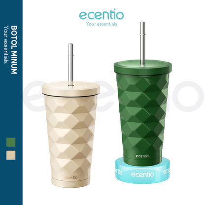 【🌟Pre-Order】ecentio Stainless Steel Elemen Berlian botol minum aesthetic 500ML portabel Kopi Cup Tahan dingin Cangkir Tumbler Dengan Sedotan