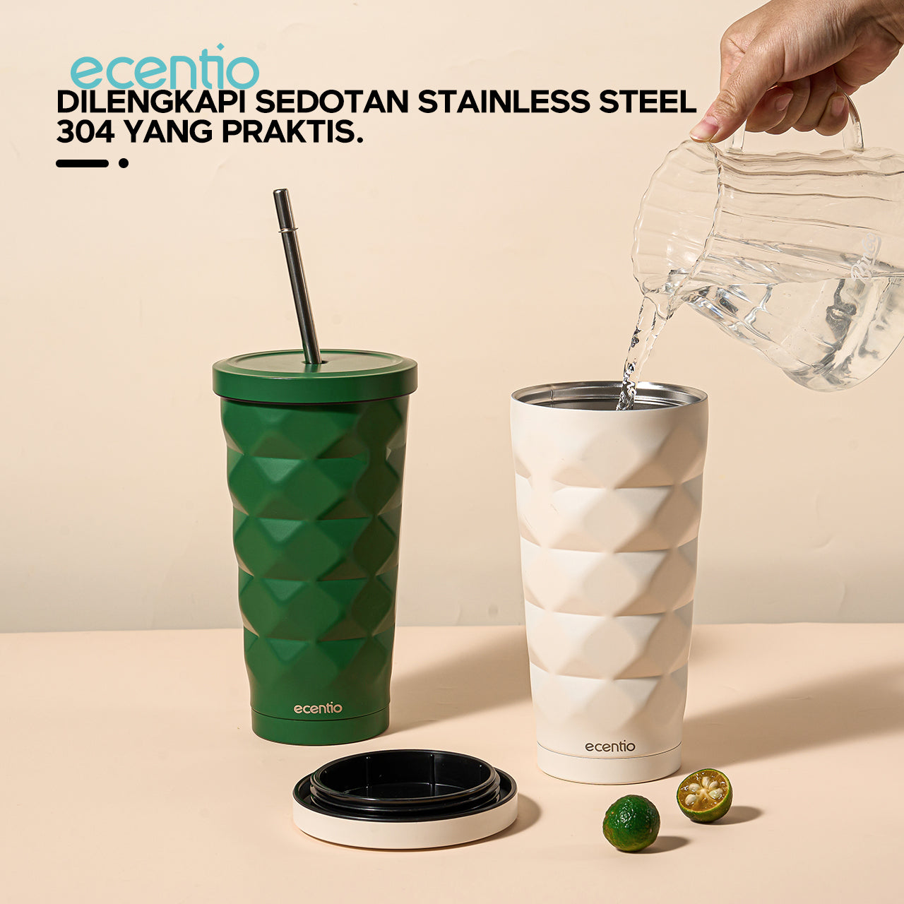 【🌟Pre-Order】ecentio Stainless Steel Elemen Berlian botol minum aesthetic 500ML portabel Kopi Cup Tahan dingin Cangkir Tumbler Dengan Sedotan