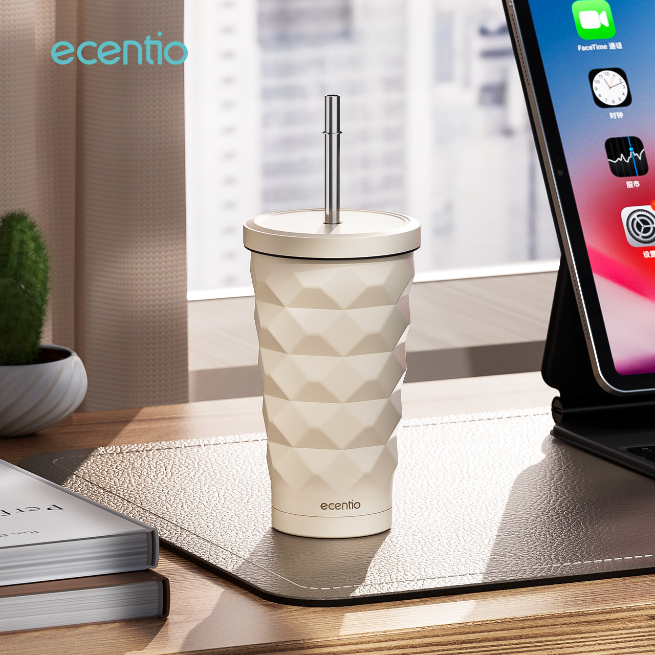 【🌟Pre-Order】ecentio Stainless Steel Elemen Berlian botol minum aesthetic 500ML portabel Kopi Cup Tahan dingin Cangkir Tumbler Dengan Sedotan