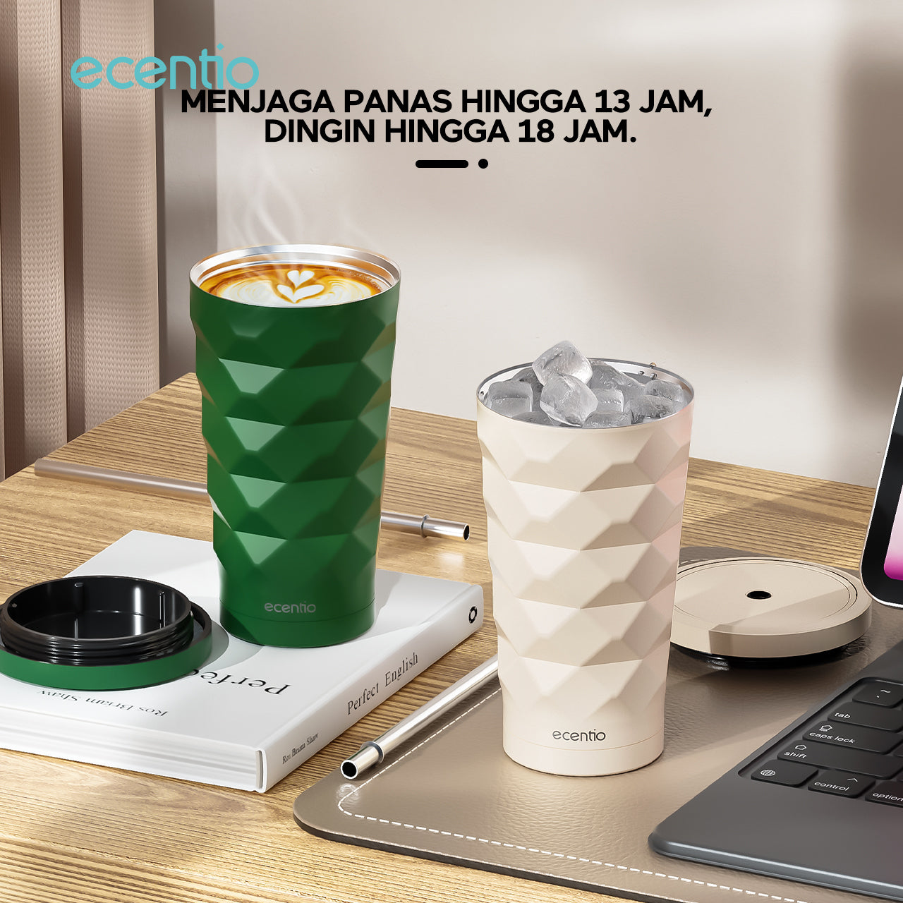 【🌟Pre-Order】ecentio Stainless Steel Elemen Berlian botol minum aesthetic 500ML portabel Kopi Cup Tahan dingin Cangkir Tumbler Dengan Sedotan