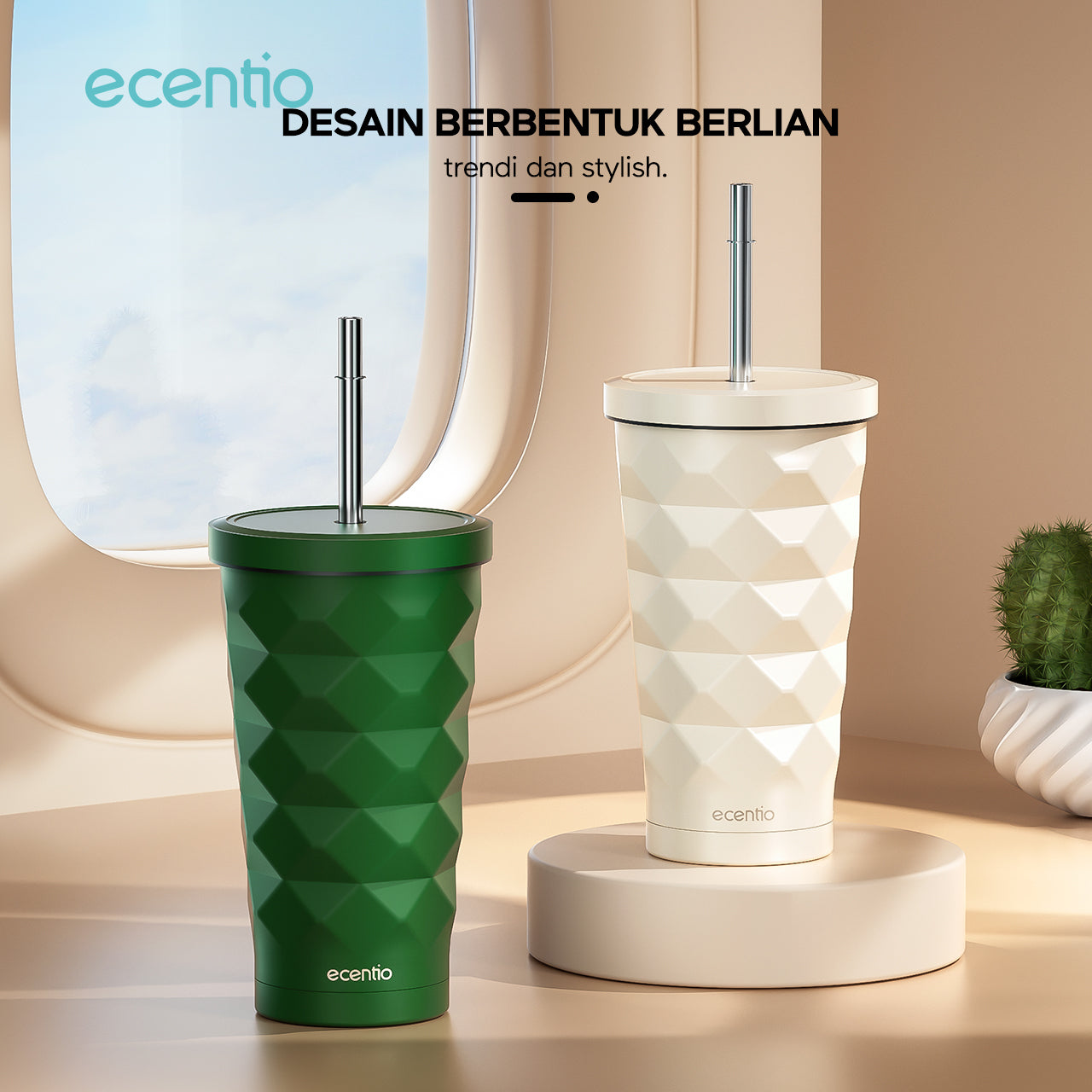 ecentio Stainless Steel Elemen Berlian botol minum aesthetic 500ML portabel Kopi Cup Tahan dingin Cangkir Tumbler Dengan Sedotan