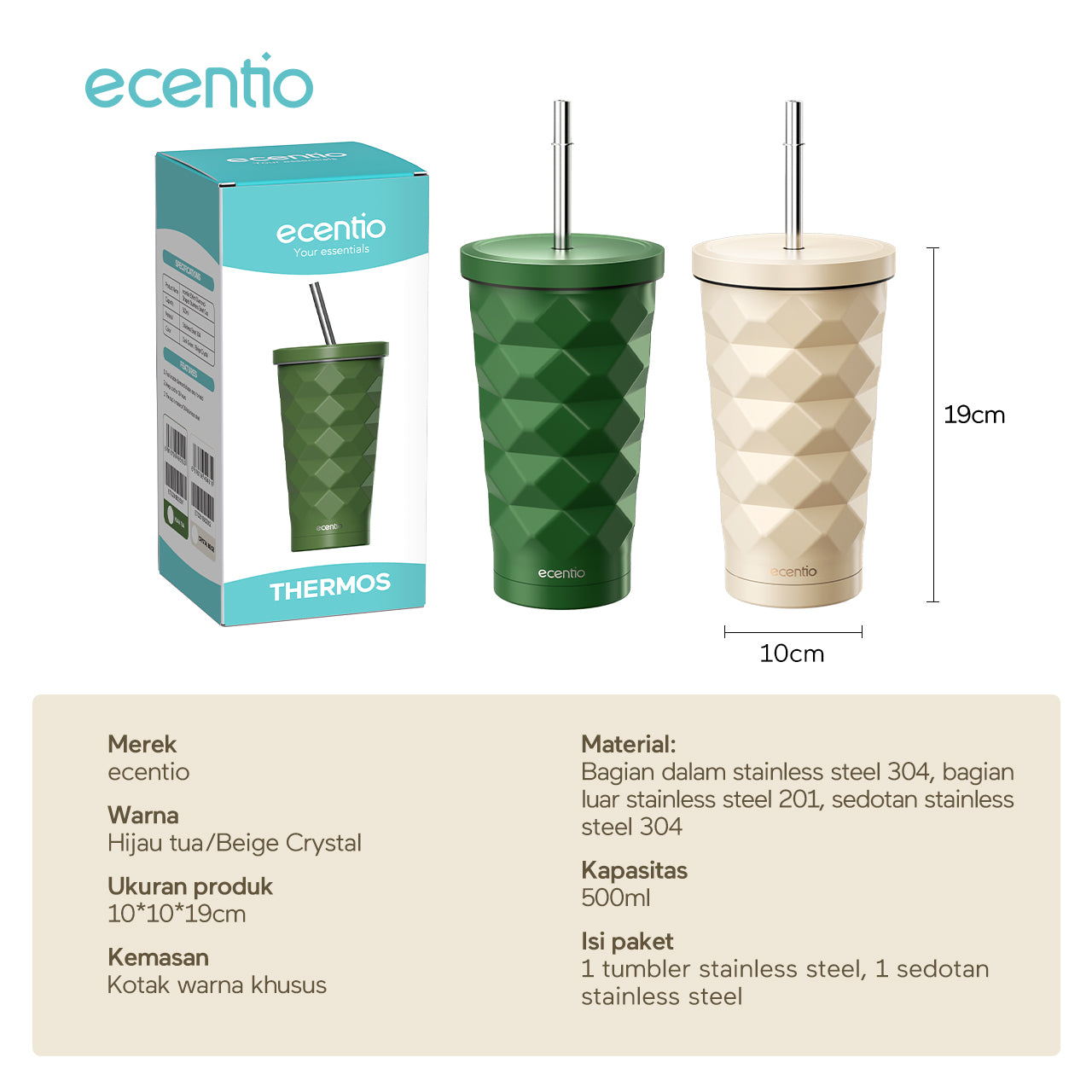 【🌟Pre-Order】ecentio Stainless Steel Elemen Berlian botol minum aesthetic 500ML portabel Kopi Cup Tahan dingin Cangkir Tumbler Dengan Sedotan