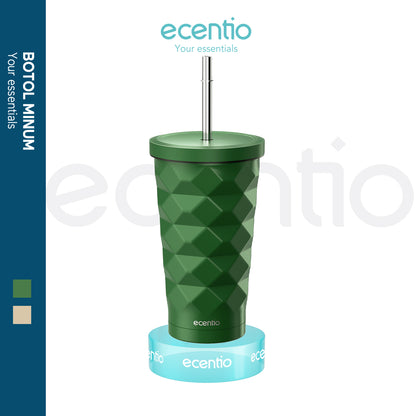 【🌟Pre-Order】ecentio Stainless Steel Elemen Berlian botol minum aesthetic 500ML portabel Kopi Cup Tahan dingin Cangkir Tumbler Dengan Sedotan