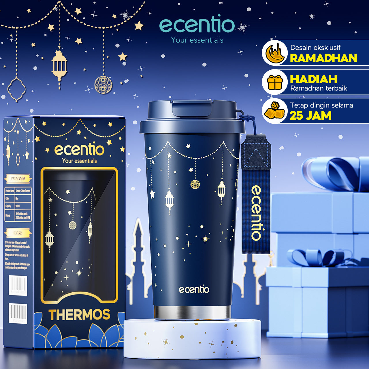 【🌟Pre-Order】【Ramadan Exclusive】ecentio tumbler premium stainless steel 316 530ml tahan dingin 24 jam dengan sedotan portable