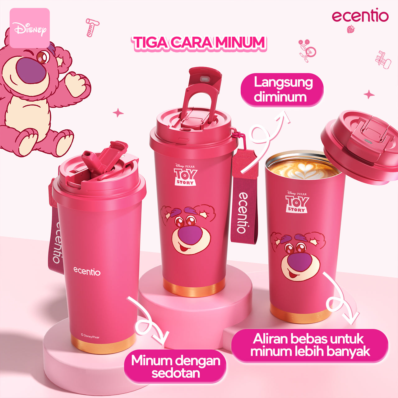 【ORI】ecentio X Toy story tumbler minum Disney lotso & stitch premium 530ml tahan dingin 24 jam botol stainless 316 portable botol minum