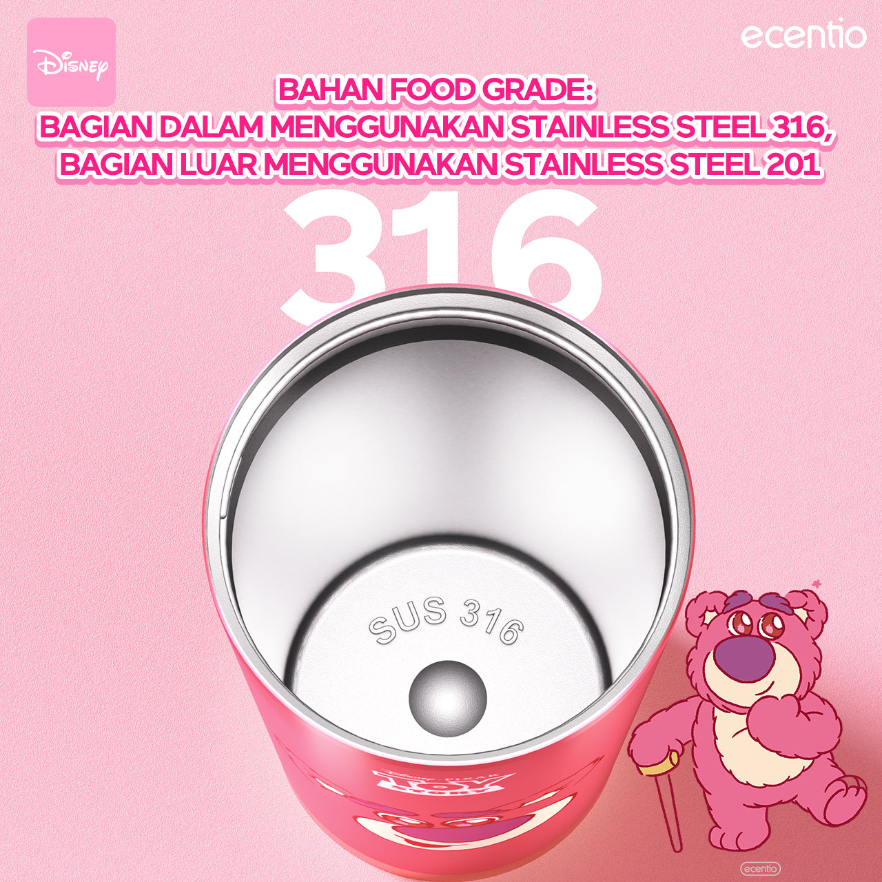 【ORI】ecentio X Toy story tumbler minum Disney lotso & stitch premium 530ml tahan dingin 24 jam botol stainless 316 portable botol minum