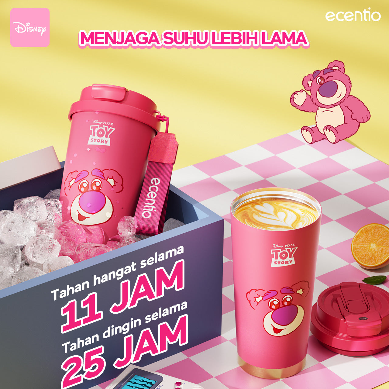 【ORI】ecentio X Toy story tumbler minum Disney lotso & stitch premium 530ml tahan dingin 24 jam botol stainless 316 portable botol minum