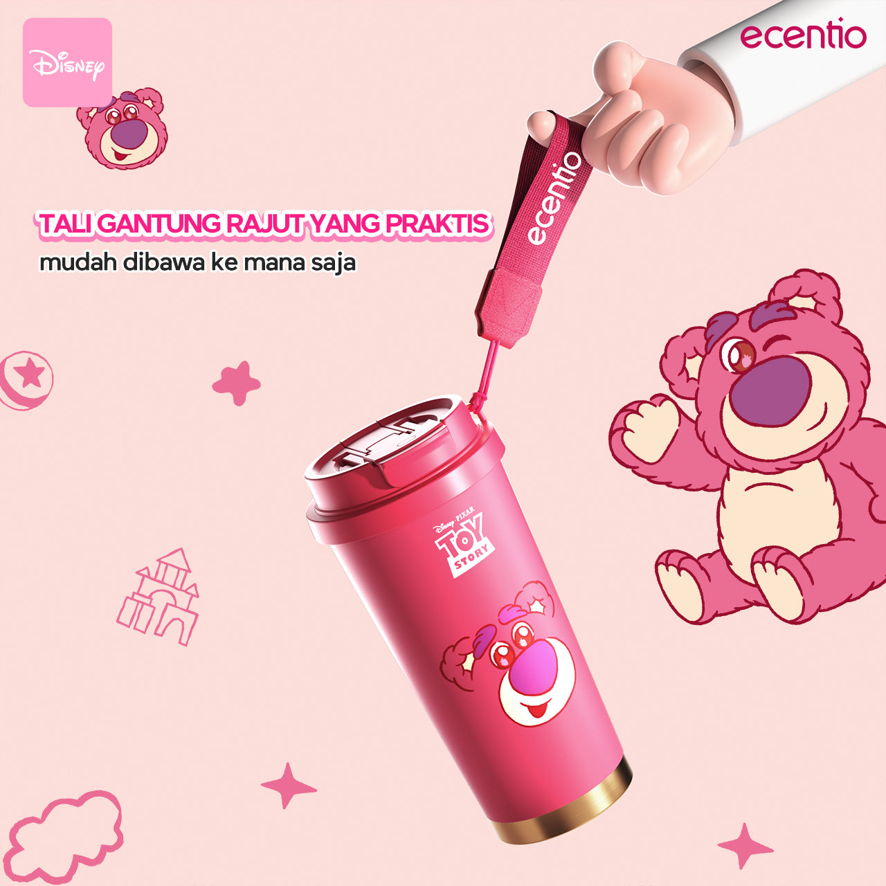 【ORI】ecentio X Toy story tumbler minum Disney lotso & stitch premium 530ml tahan dingin 24 jam botol stainless 316 portable botol minum