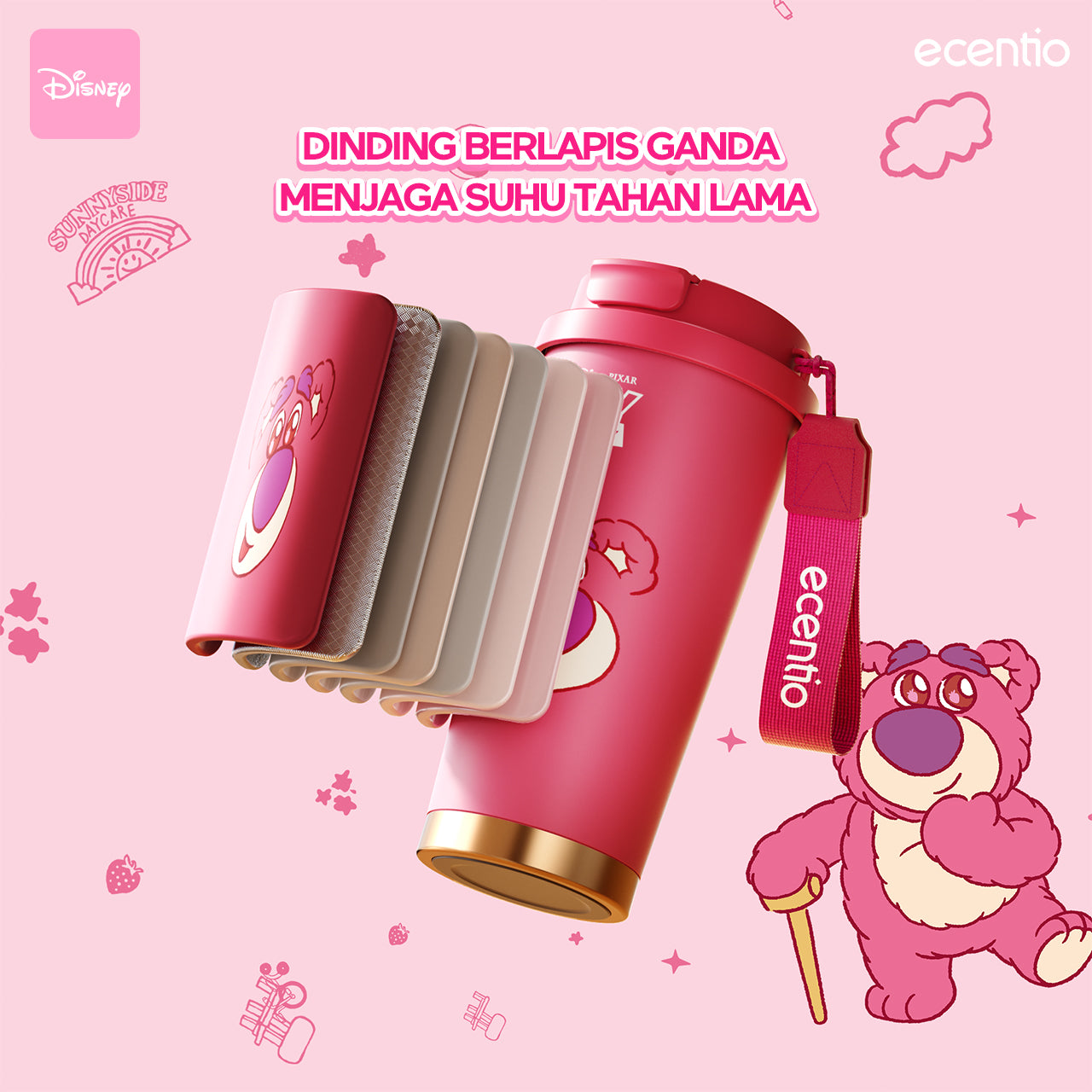 【ORI】ecentio X Toy story tumbler minum Disney lotso & stitch premium 530ml tahan dingin 24 jam botol stainless 316 portable botol minum