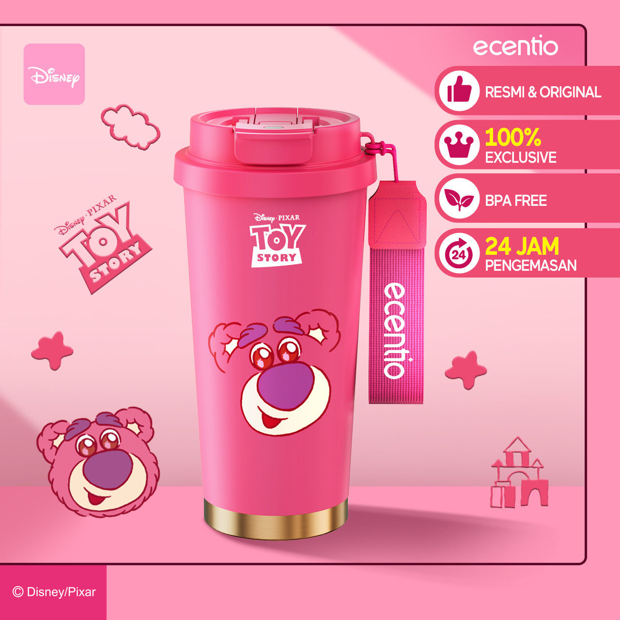 【ORI】ecentio X Toy story tumbler minum Disney lotso & stitch premium 530ml tahan dingin 24 jam botol stainless 316 portable botol minum