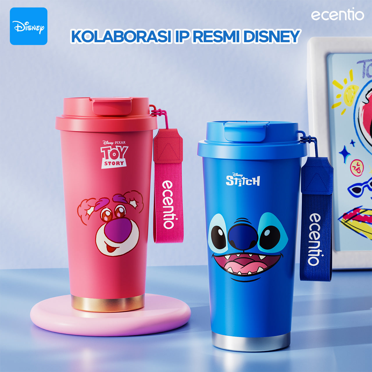 【ORI】ecentio X Toy story tumbler minum Disney lotso & stitch premium 530ml tahan dingin 24 jam botol stainless 316 portable botol minum