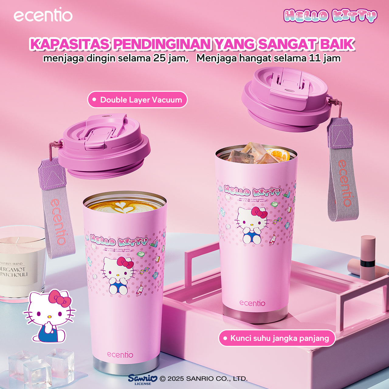 【ORI】ecentio tumbler minum hello kitty 530ml premium tahan dingin 24 jam botol stainless 316 portable tumblr botol minum