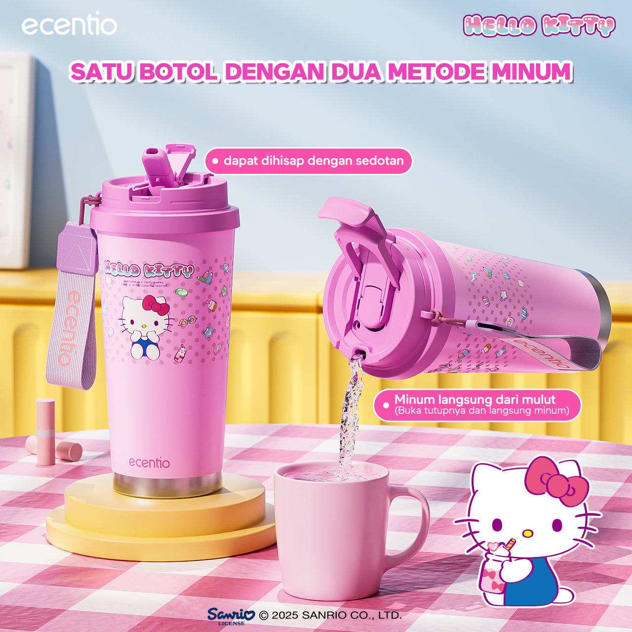 【ORI】ecentio tumbler minum hello kitty 530ml premium tahan dingin 24 jam botol stainless 316 portable tumblr botol minum