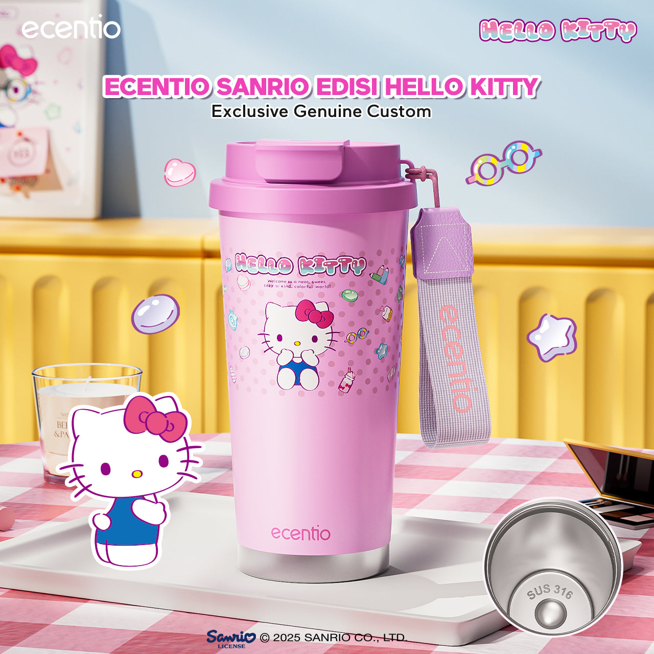 【ORI】ecentio tumbler minum hello kitty 530ml premium tahan dingin 24 jam botol stainless 316 portable tumblr botol minum