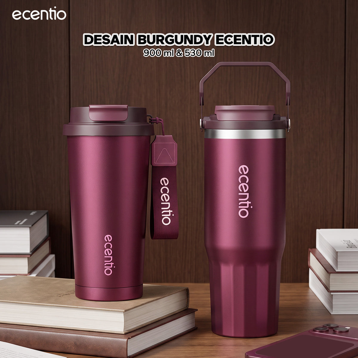 [Burgundy Series] ecentio Tumbler 530ml/900ml Desain Minimalis Elegan Botol Minum Portable Aesthetic Lucu Thermos Tahan Panas Dingin 24 Jam Anti Bocor Premium Sedotan Cocok Untuk Sekolah Anak Laki-Laki