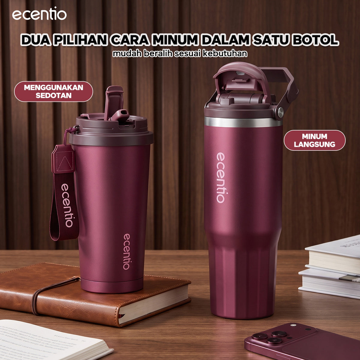 [Burgundy Series] ecentio Tumbler 530ml/900ml Desain Minimalis Elegan Botol Minum Portable Aesthetic Lucu Thermos Tahan Panas Dingin 24 Jam Anti Bocor Premium Sedotan Cocok Untuk Sekolah Anak Laki-Laki