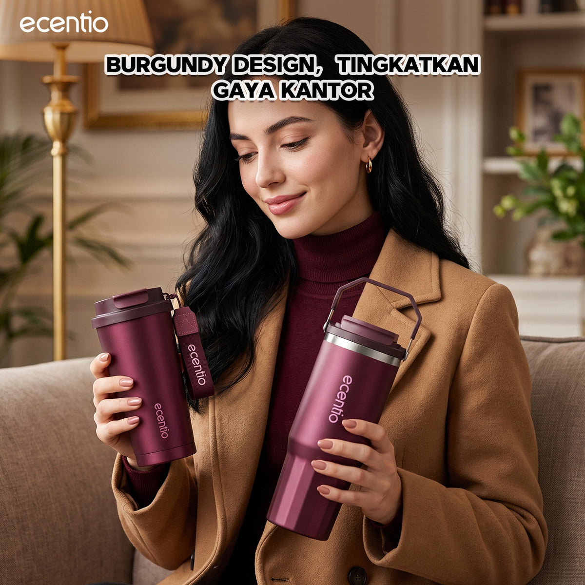[Burgundy Series] ecentio Tumbler 530ml/900ml Desain Minimalis Elegan Botol Minum Portable Aesthetic Lucu Thermos Tahan Panas Dingin 24 Jam Anti Bocor Premium Sedotan Cocok Untuk Sekolah Anak Laki-Laki