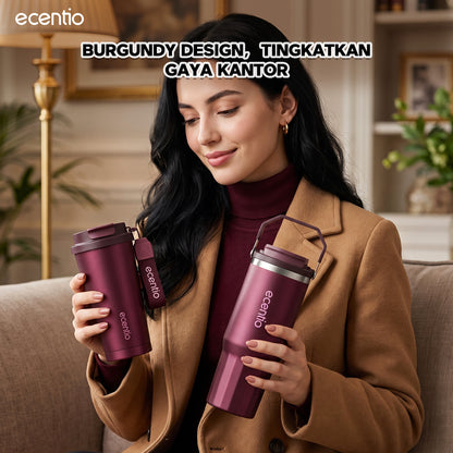 [Burgundy Series] ecentio Tumbler 530ml/900ml Desain Minimalis Elegan Botol Minum Portable Aesthetic Lucu Thermos Tahan Panas Dingin 24 Jam Anti Bocor Premium Sedotan Cocok Untuk Sekolah Anak Laki-Laki