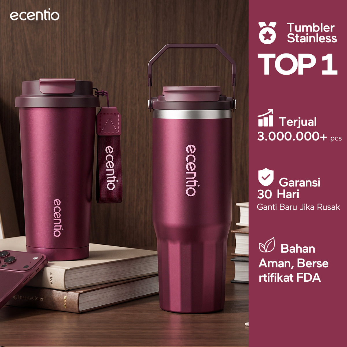 [Burgundy Series] ecentio Tumbler 530ml/900ml Desain Minimalis Elegan Botol Minum Portable Aesthetic Lucu Thermos Tahan Panas Dingin 24 Jam Anti Bocor Premium Sedotan Cocok Untuk Sekolah Anak Laki-Laki