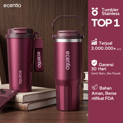 [Burgundy Series] ecentio Tumbler 530ml/900ml Desain Minimalis Elegan Botol Minum Portable Aesthetic Lucu Thermos Tahan Panas Dingin 24 Jam Anti Bocor Premium Sedotan Cocok Untuk Sekolah Anak Laki-Laki