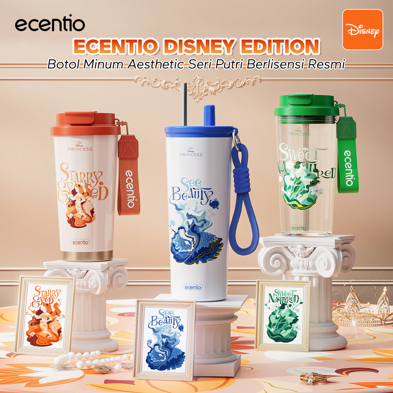 【Disney Mermaid Series】ecentio tumbler Stainless Vacuum 530ml Disney Mermaid Portable Thermos Botol minum besar