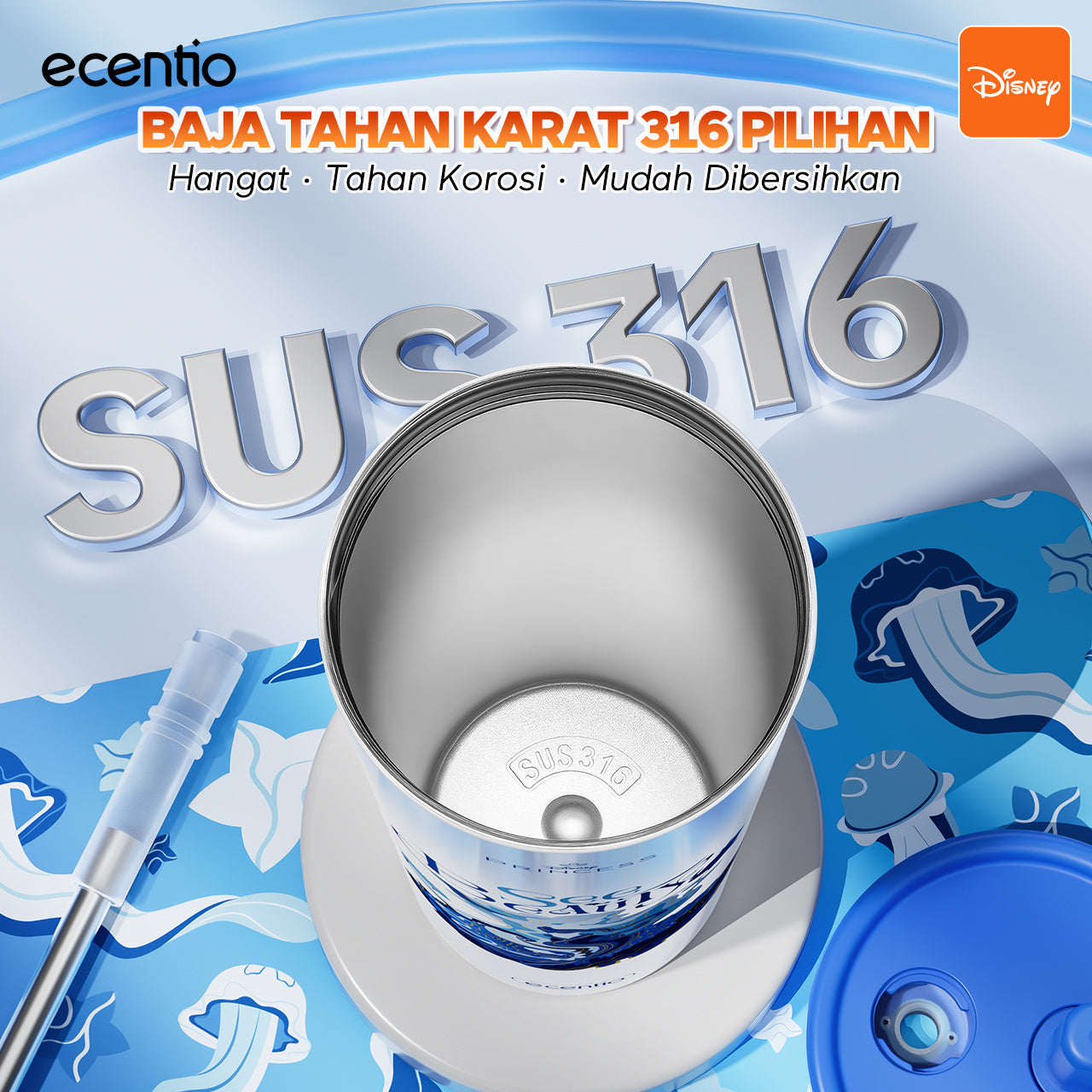 【Disney Mermaid Series】ecentio tumbler Stainless Vacuum 530ml Disney Mermaid Portable Thermos Botol minum besar
