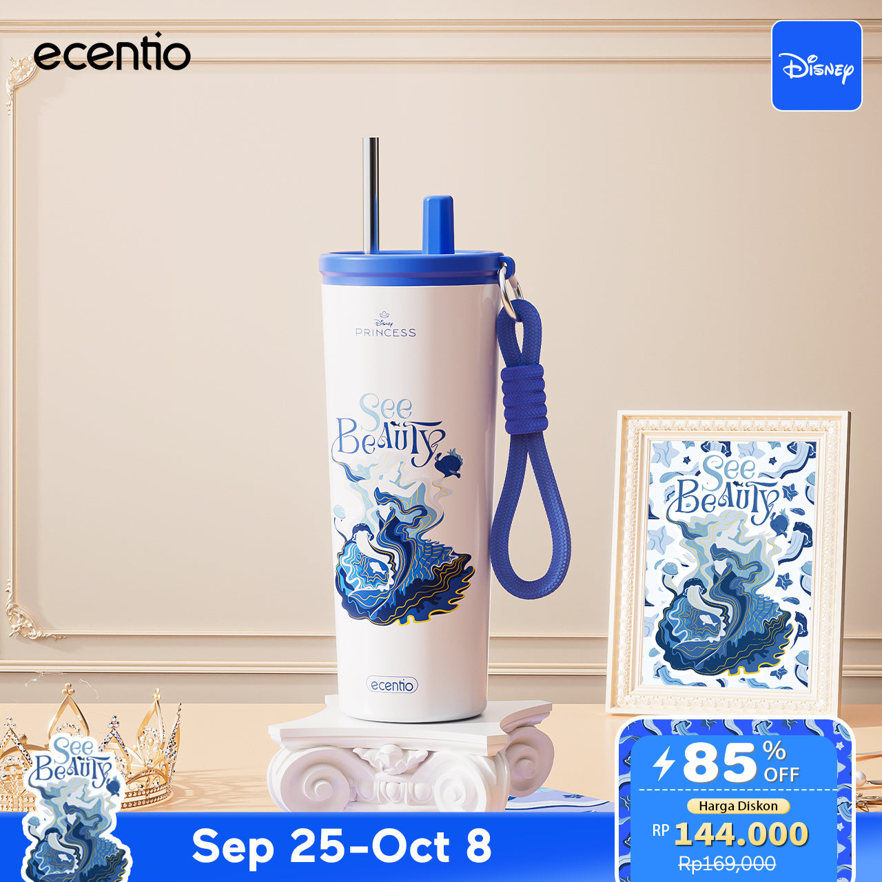 【Disney Mermaid Series】ecentio tumbler Stainless Vacuum 530ml Disney Mermaid Portable Thermos Botol minum besar