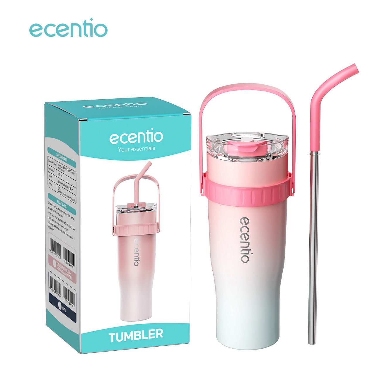 【🌟Pre-Order】【BIG MAC】ecentio Tumbler Stainless Steel 304 Tahan Dingin Botol Minum 1200ml Dengan Straw Portable Car Drinking Cup Bpa Free -Biru/Gradien