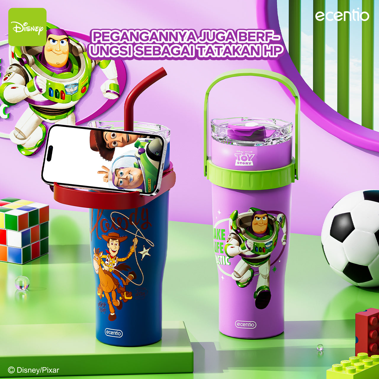 ecentio tumbler minum stainless 1.2L Disney Toy Story Woody & Buzz tahan dingin 24jam premium botol minum aesthetic besar