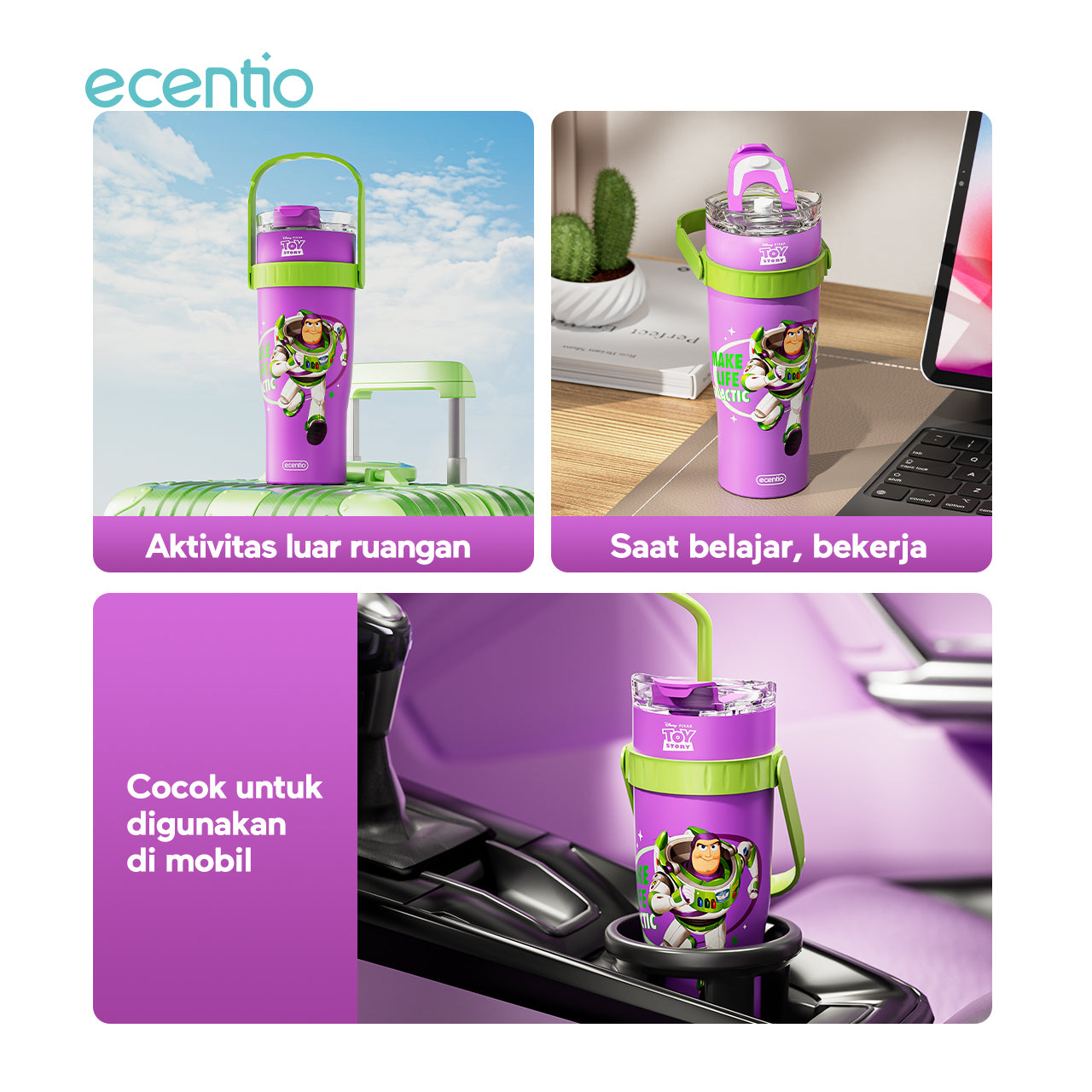 ecentio tumbler minum stainless 1.2L Disney Toy Story Woody & Buzz tahan dingin 24jam premium botol minum aesthetic besar