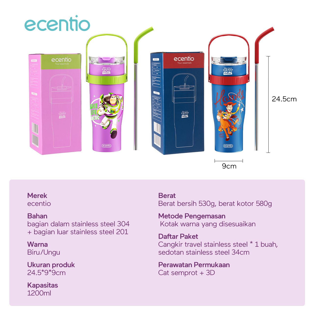 ecentio tumbler minum stainless 1.2L Disney Toy Story Woody & Buzz tahan dingin 24jam premium botol minum aesthetic besar