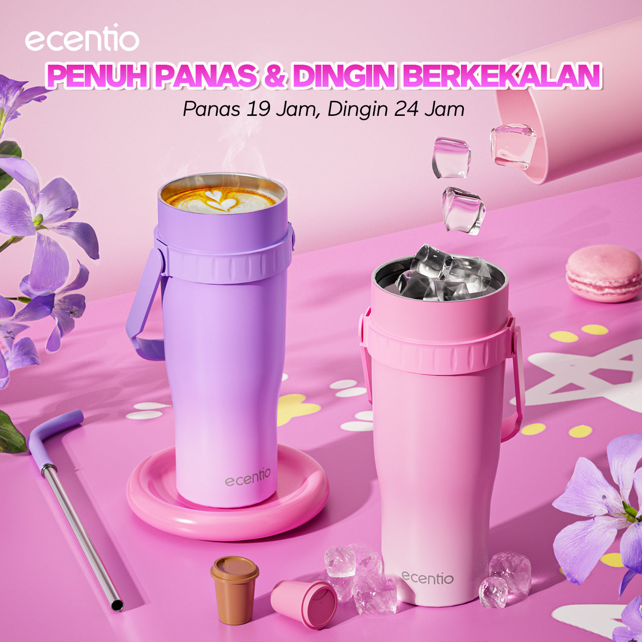 【Gradasi Warna Macaron】ecentio Tumbler Stainless Steel 1200ml Botol Minum Tahan Panas Dan Dingin Botol minum besar Thermos Cup Vacuum