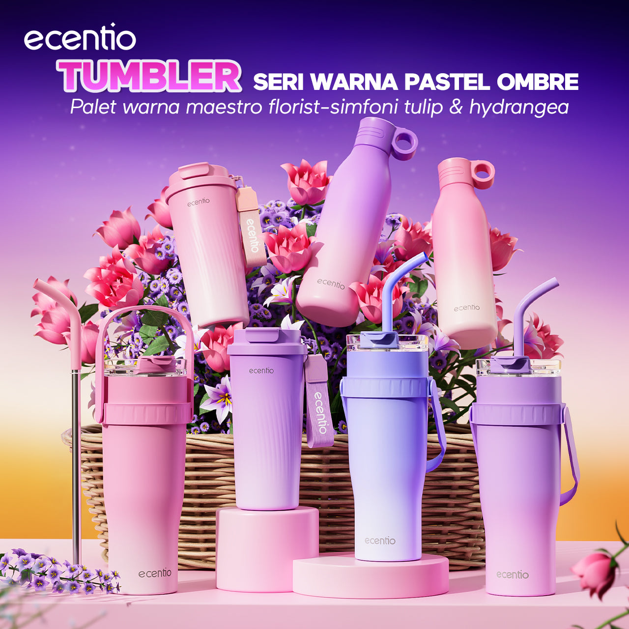 【Gradasi Warna Macaron】ecentio Tumbler Stainless Steel 1200ml Botol Minum Tahan Panas Dan Dingin Botol minum besar Thermos Cup Vacuum - Biru New