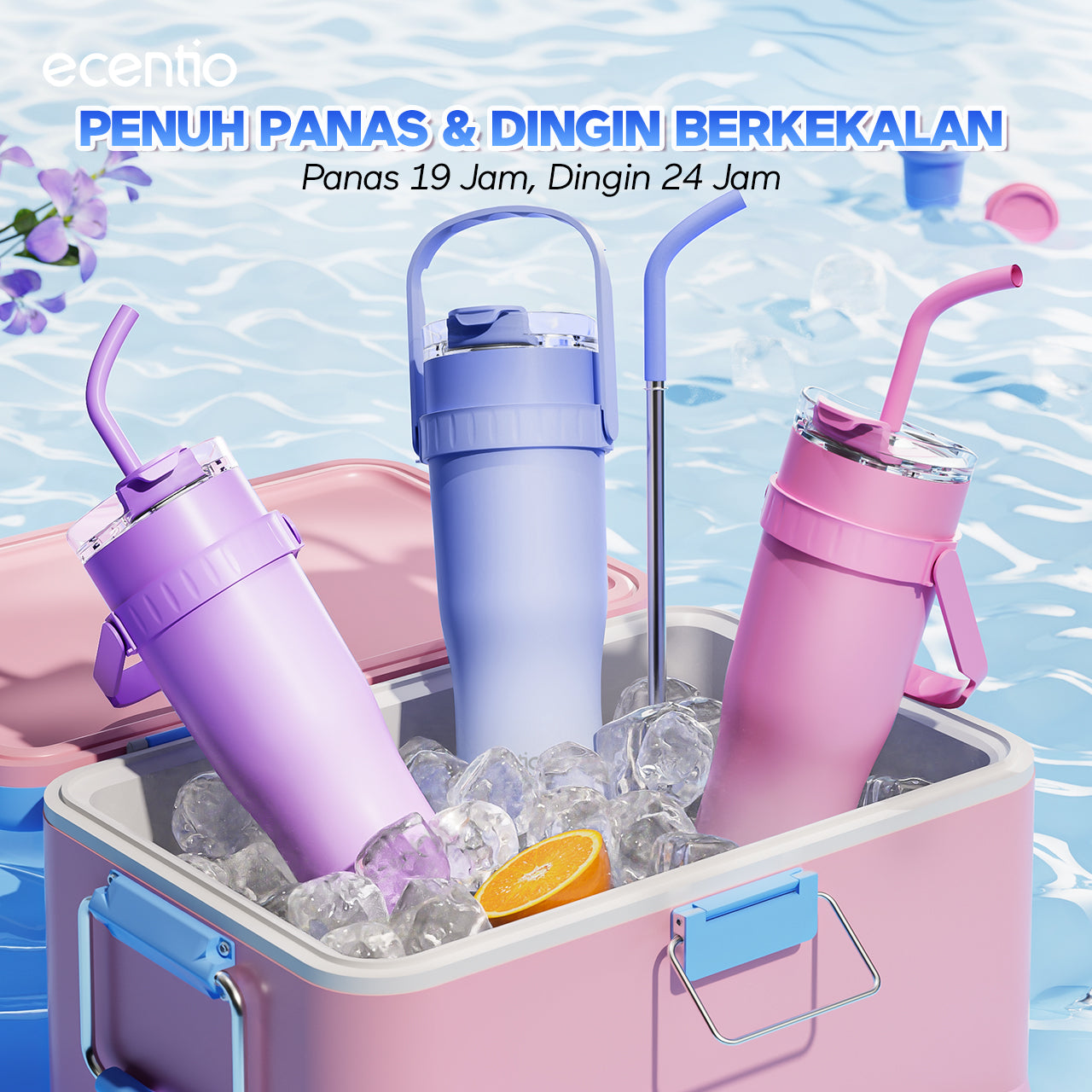 【Gradasi Warna Macaron】ecentio Tumbler Stainless Steel 1200ml Botol Minum Tahan Panas Dan Dingin Botol minum besar Thermos Cup Vacuum - Biru New