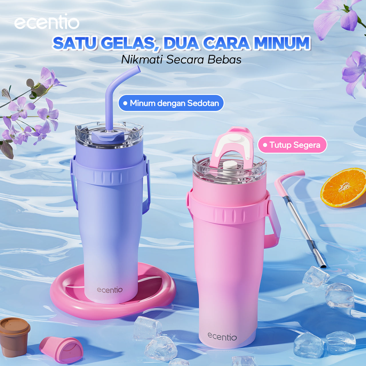 【Gradasi Warna Macaron】ecentio Tumbler Stainless Steel 1200ml Botol Minum Tahan Panas Dan Dingin Botol minum besar Thermos Cup Vacuum - Biru New