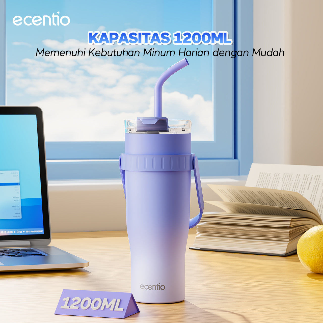 【Gradasi Warna Macaron】ecentio Tumbler Stainless Steel 1200ml Botol Minum Tahan Panas Dan Dingin Botol minum besar Thermos Cup Vacuum - Biru New