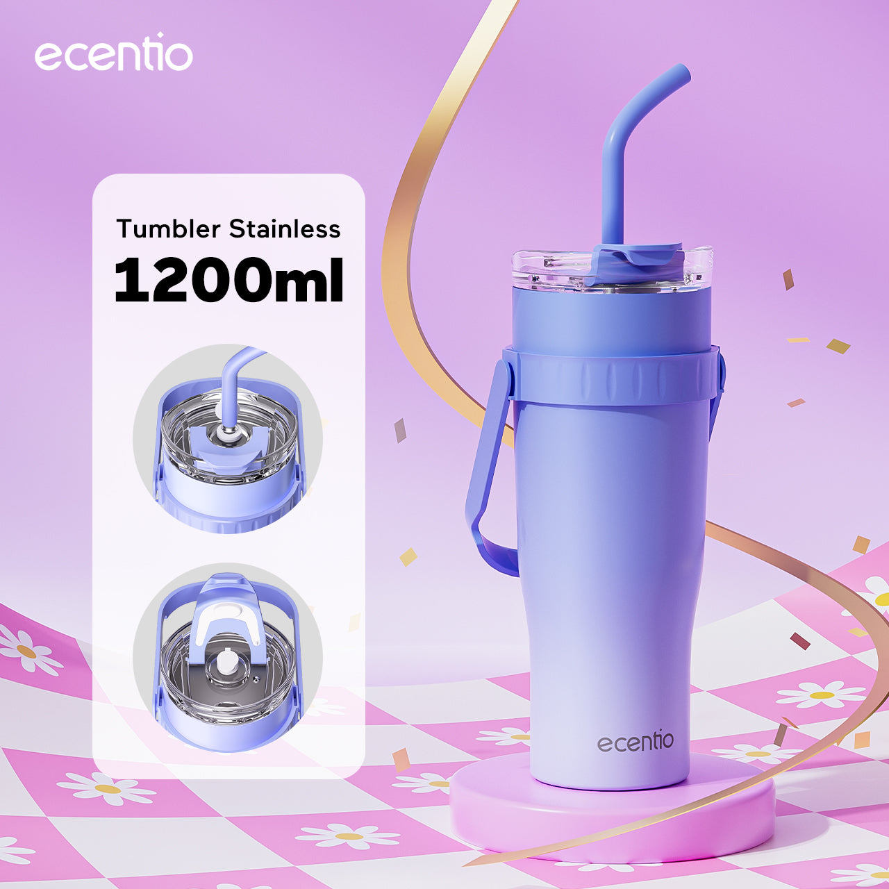 【Gradasi Warna Macaron】ecentio Tumbler Stainless Steel 1200ml Botol Minum Tahan Panas Dan Dingin Botol minum besar Thermos Cup Vacuum - Biru New