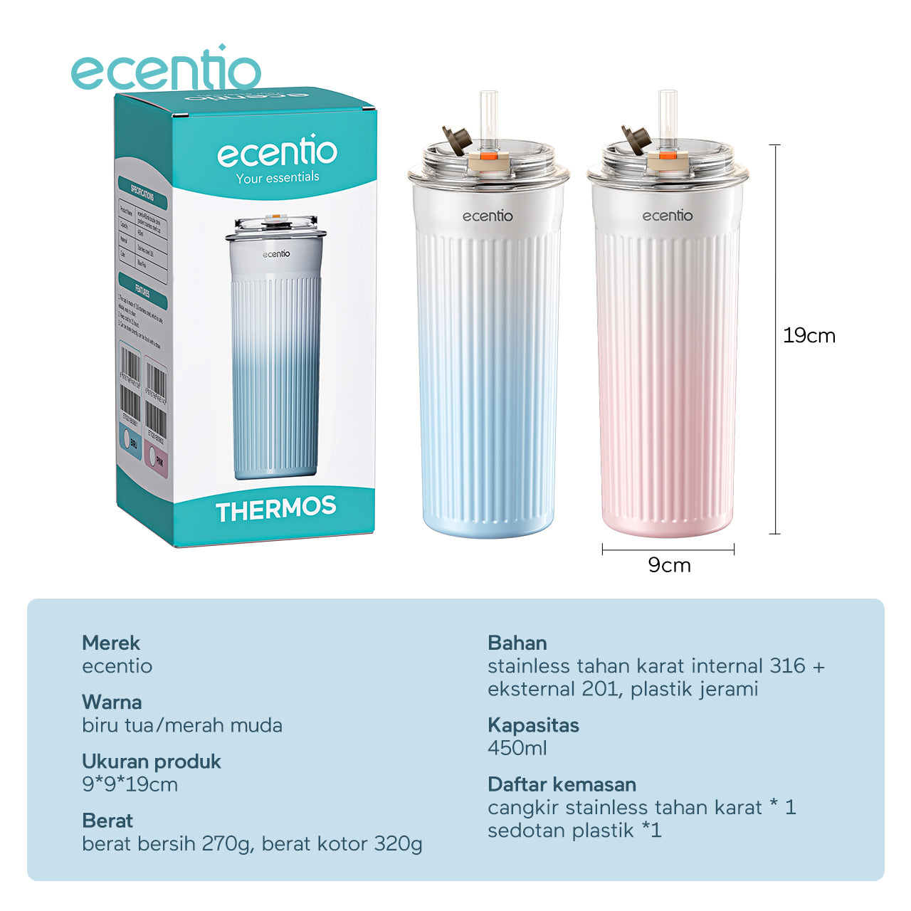 ecentio 450ml Termos 316 stainless anti bocor tetap dingin 24 jam sedotan dengan - Biru Muda