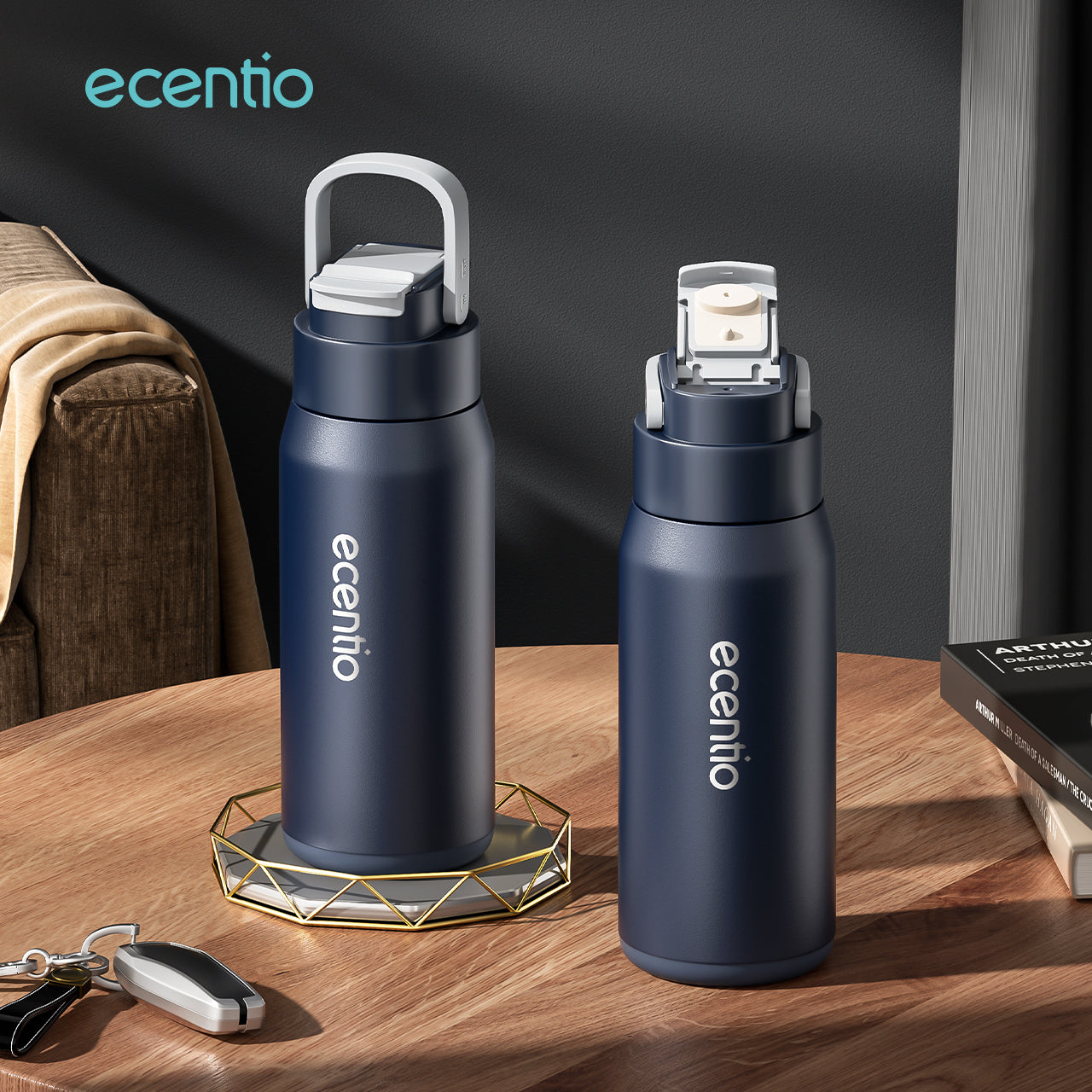 ecentio tumbler Stainless Vacuum 600ml Portable Termos Gagang Tersembunyi Botol minum besar