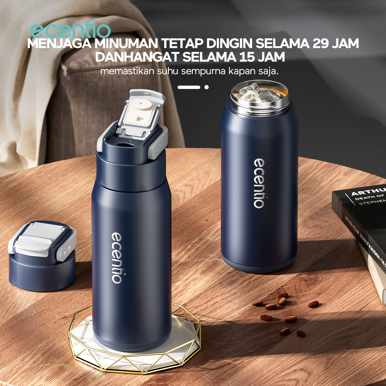 ecentio tumbler Stainless Vacuum 600ml Portable Termos Gagang Tersembunyi Botol minum besar