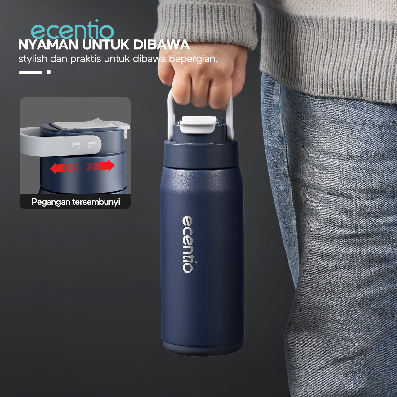 ecentio tumbler Stainless Vacuum 600ml Portable Termos Gagang Tersembunyi Botol minum besar