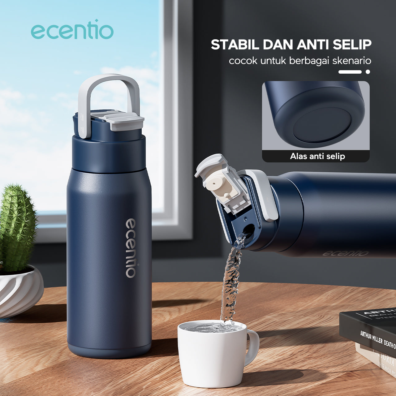 ecentio tumbler Stainless Vacuum 600ml Portable Termos Gagang Tersembunyi Botol minum besar