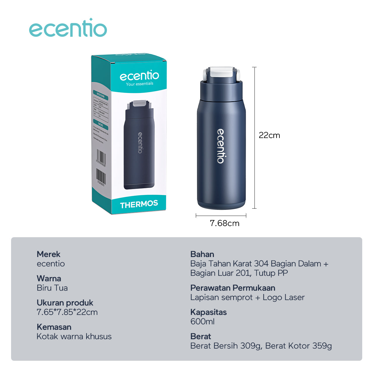 ecentio tumbler Stainless Vacuum 600ml Portable Termos Gagang Tersembunyi Botol minum besar